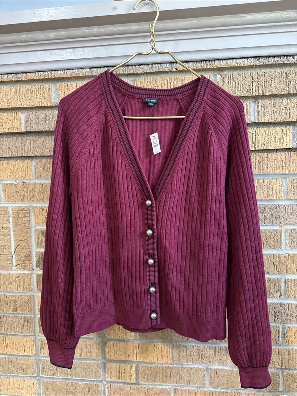 Talbots Tipped Texture V-Neck Cardigan Sweater Women’s Size M Pearly Buttons